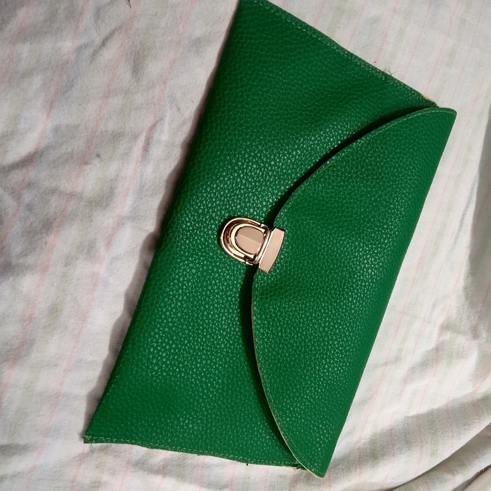 Emerald green faux leather skinny clutch or shoulder bag